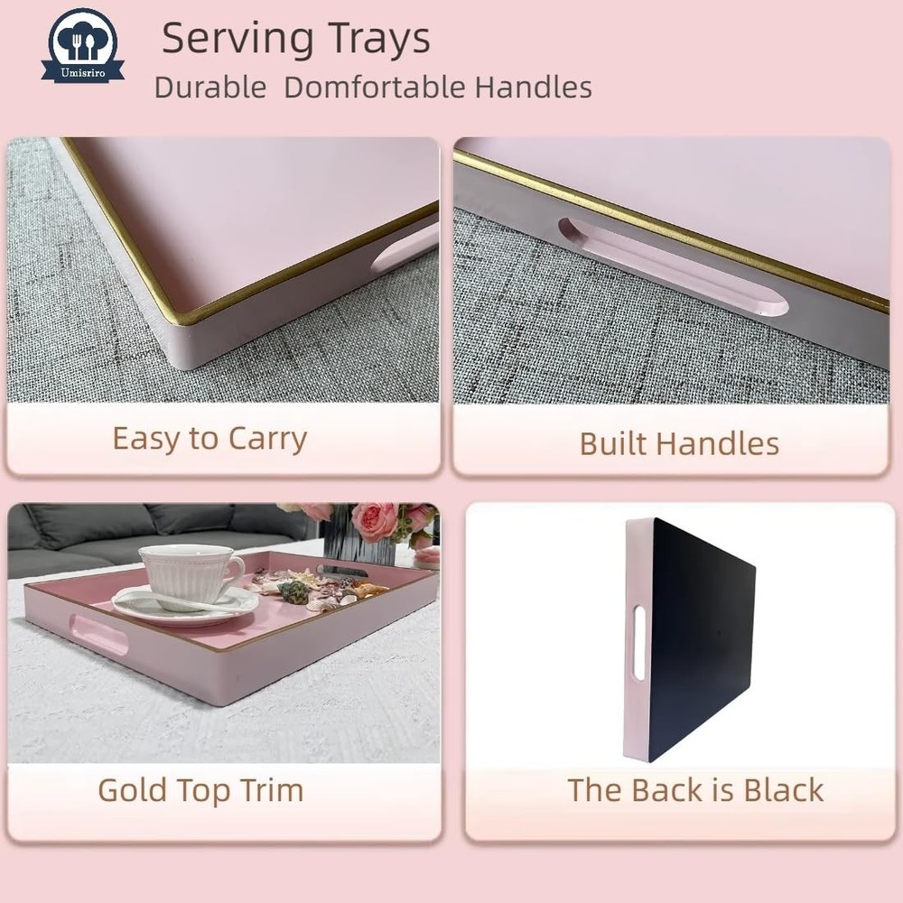 Pink Rectangular Serving Tray, 15.6x10.2x1.37 inch, Decorative Plastic, Handles