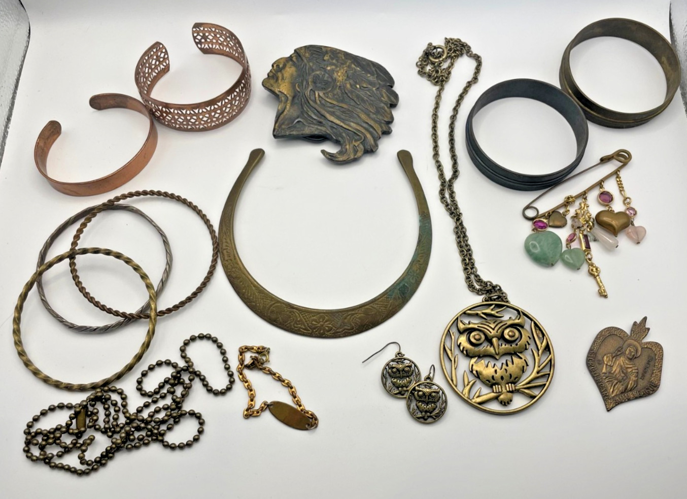 Vintage Brass Wearable Jewelry Lot 15 Pc Mixed Metals Brass tone Copper tone 1lb