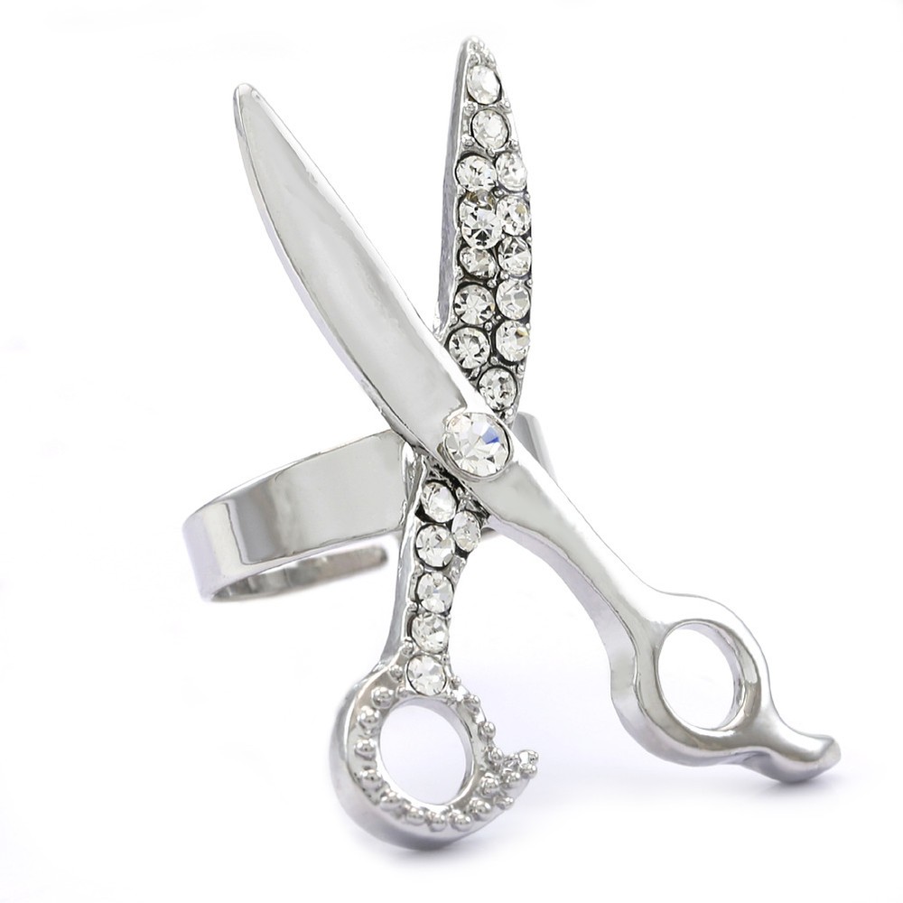 Scissors Ring High Polish Silver Tone Clear Stone Crystals Rhinestone Adjustable