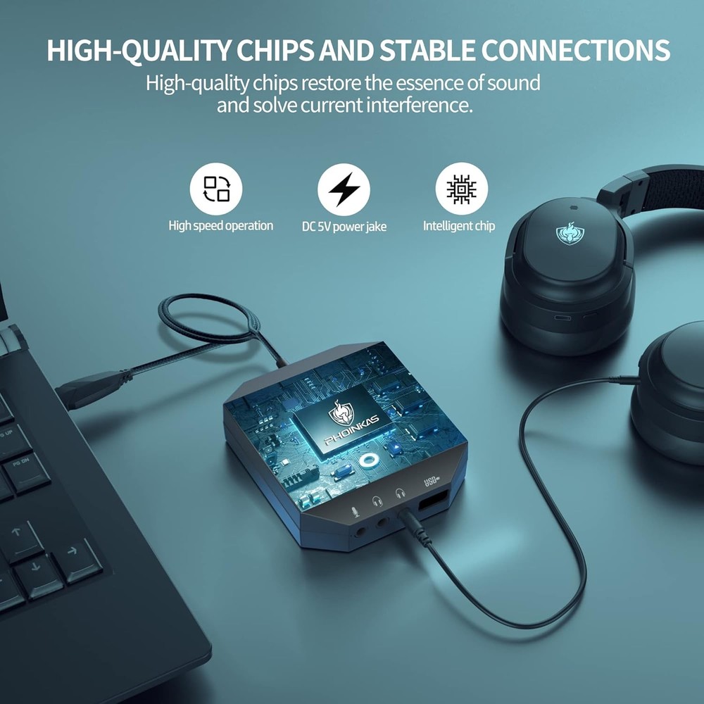 T10 External Sound Card, PHOINIKAS USB Audio Adapter for PC Windows, Mac, Linux,