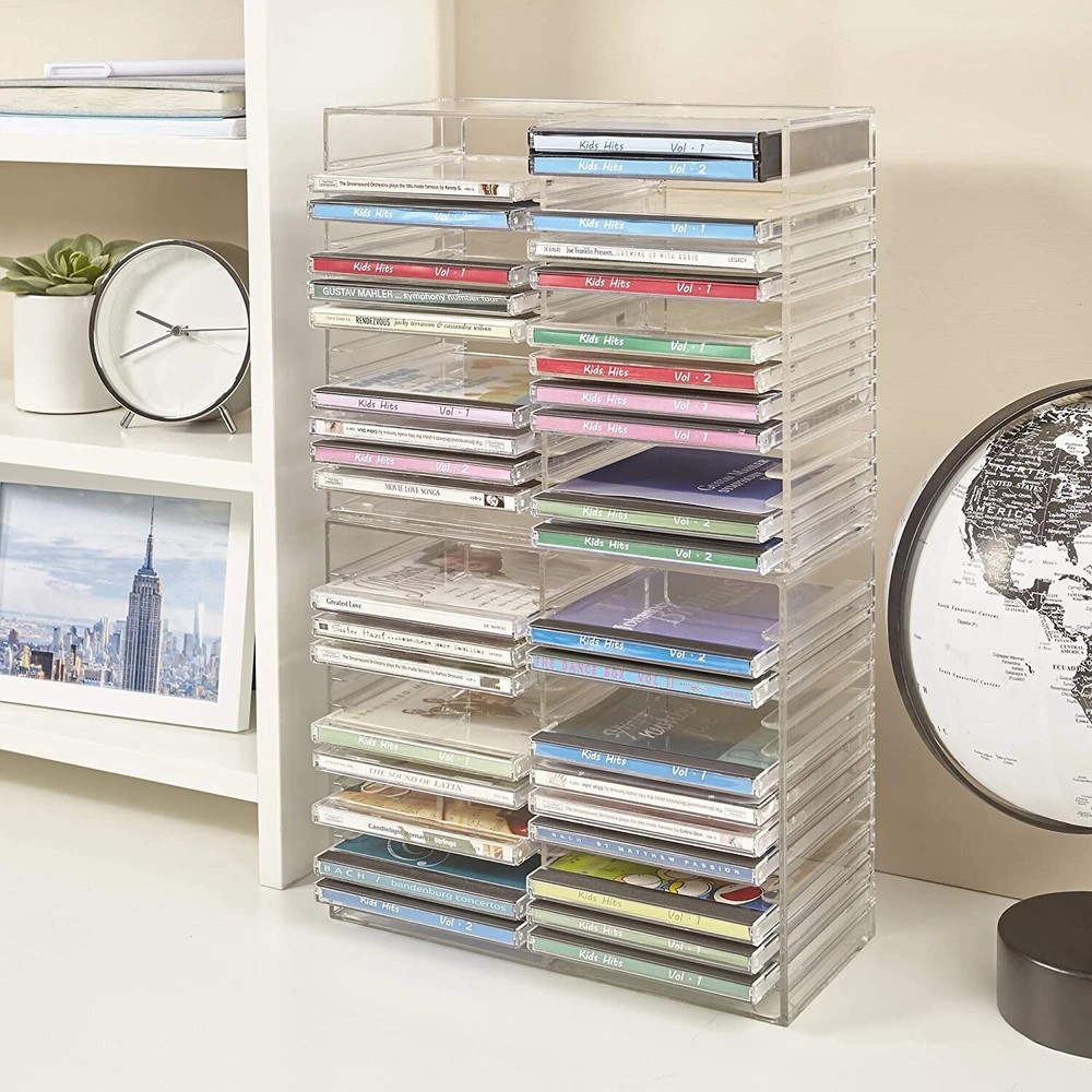 STORi Stackable Clear Plastic CD Organizer with Rubber Feet | Rectangular Jewel