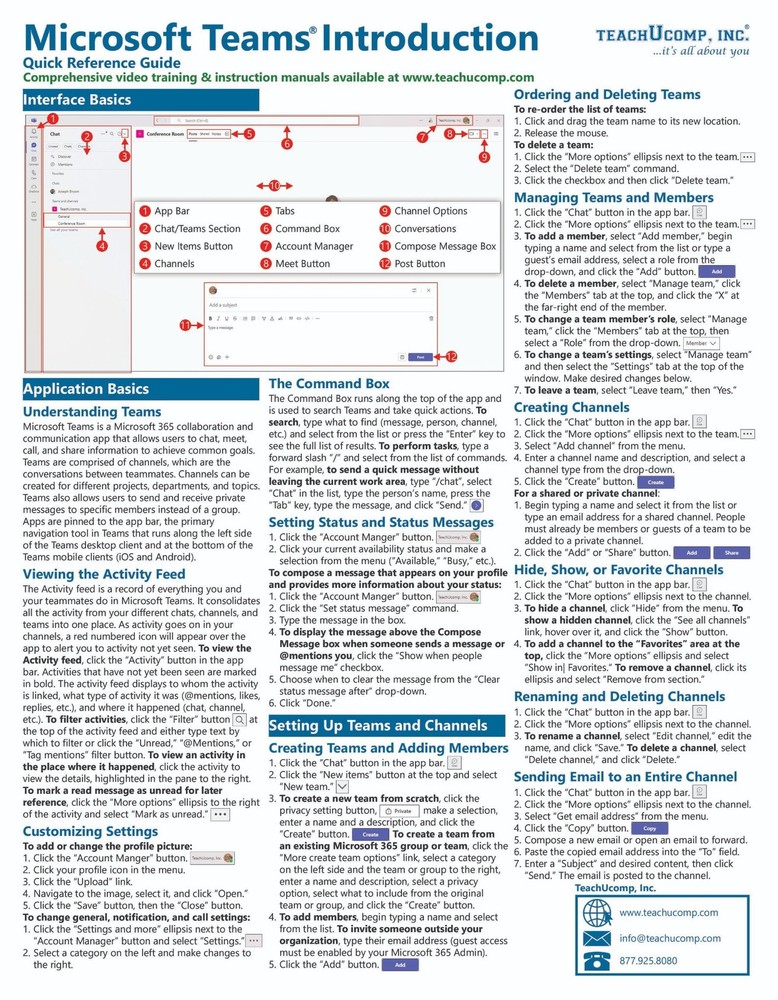 Microsoft Teams Training Guide Quick Reference Card 2 Page Cheat Sheet Help