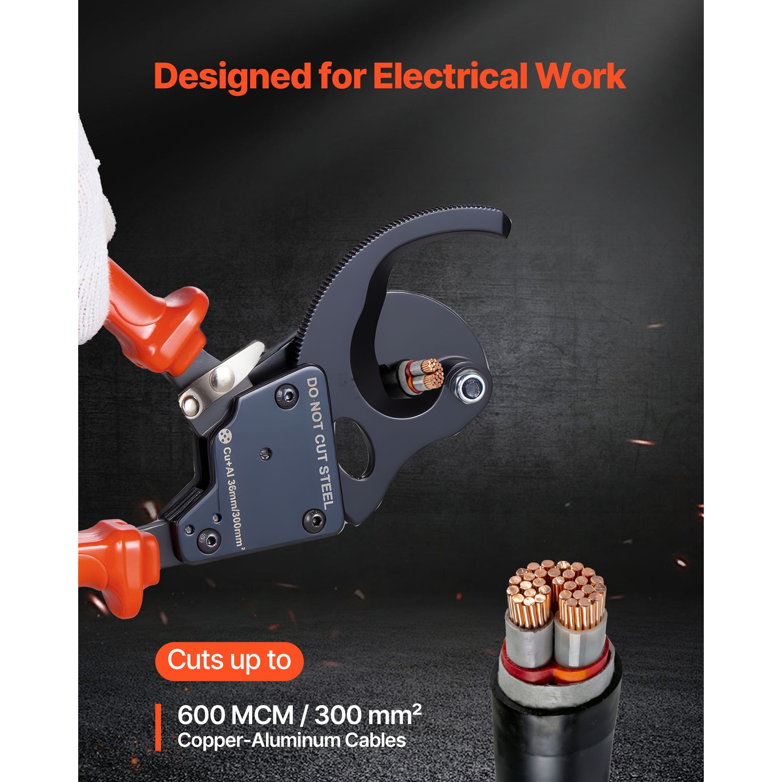 Uimoso Ratcheting Cable Cutter for Copper and Aluminum Wires up to 600MCM/300mm²