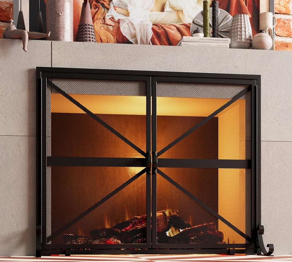Fireplace Screen with Doors, 2-Pannel Handcrafted Solid Wrought Iron Decorative