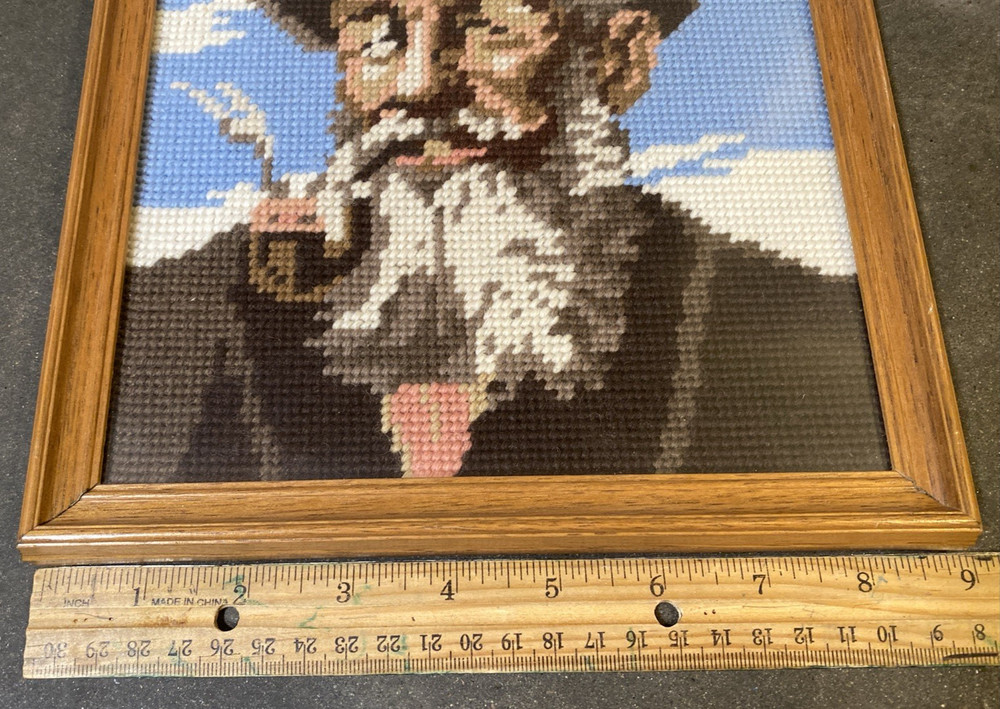 Vintage Needlepoint Old Man With Beard Smoking Pipe Framed Needlepoint