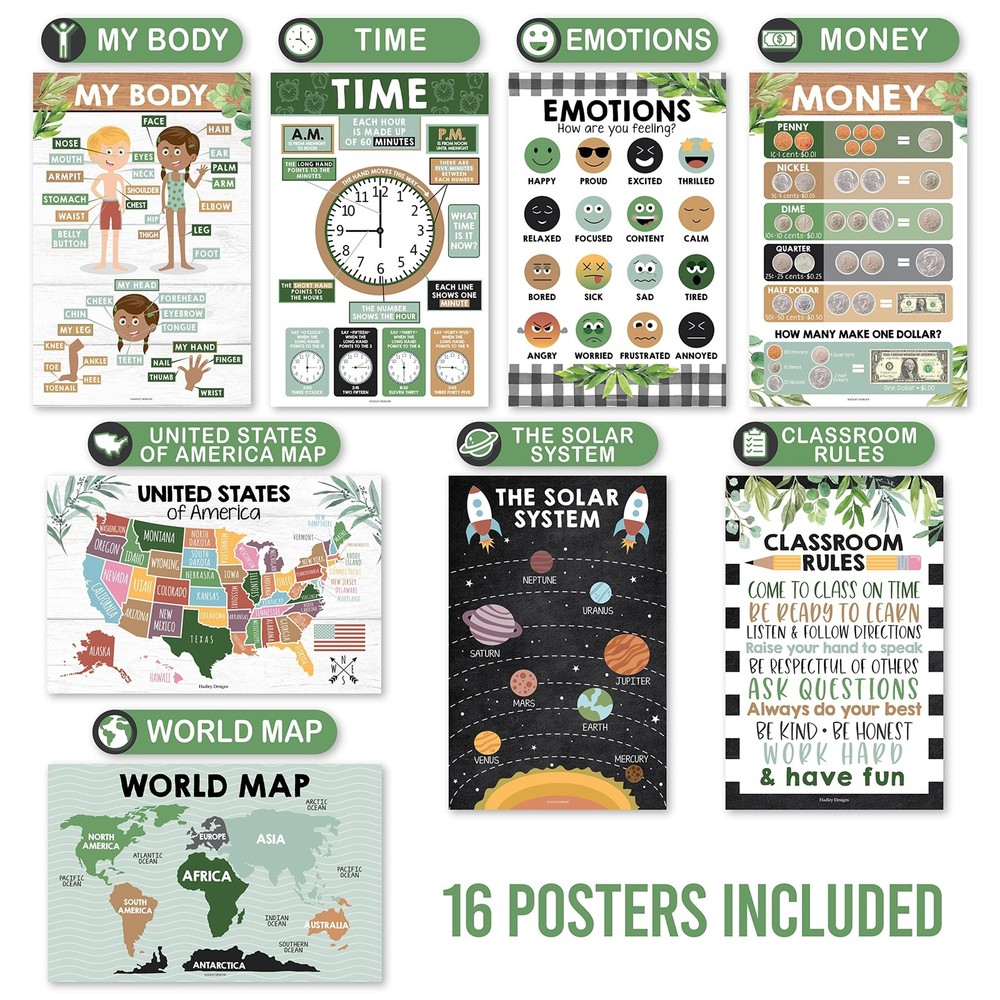 Hadley Designs 16 Educational Laminated Posters for Classroom Decor & Kids Learn