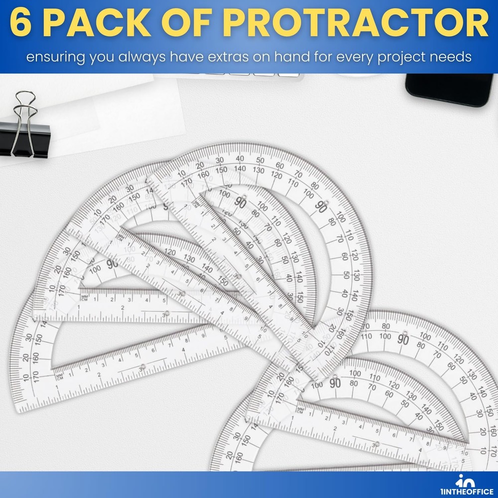 6 Pack 6 Inch Plastic Protractor for Geometry Clear Protractor 180 Degrees