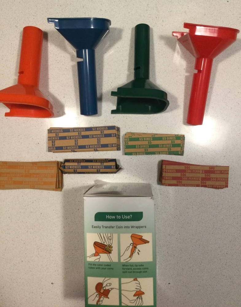 150 Assorted Flat Striped Coin Wrappers & 4 Coin Sorters Tubes Color-Coded Count
