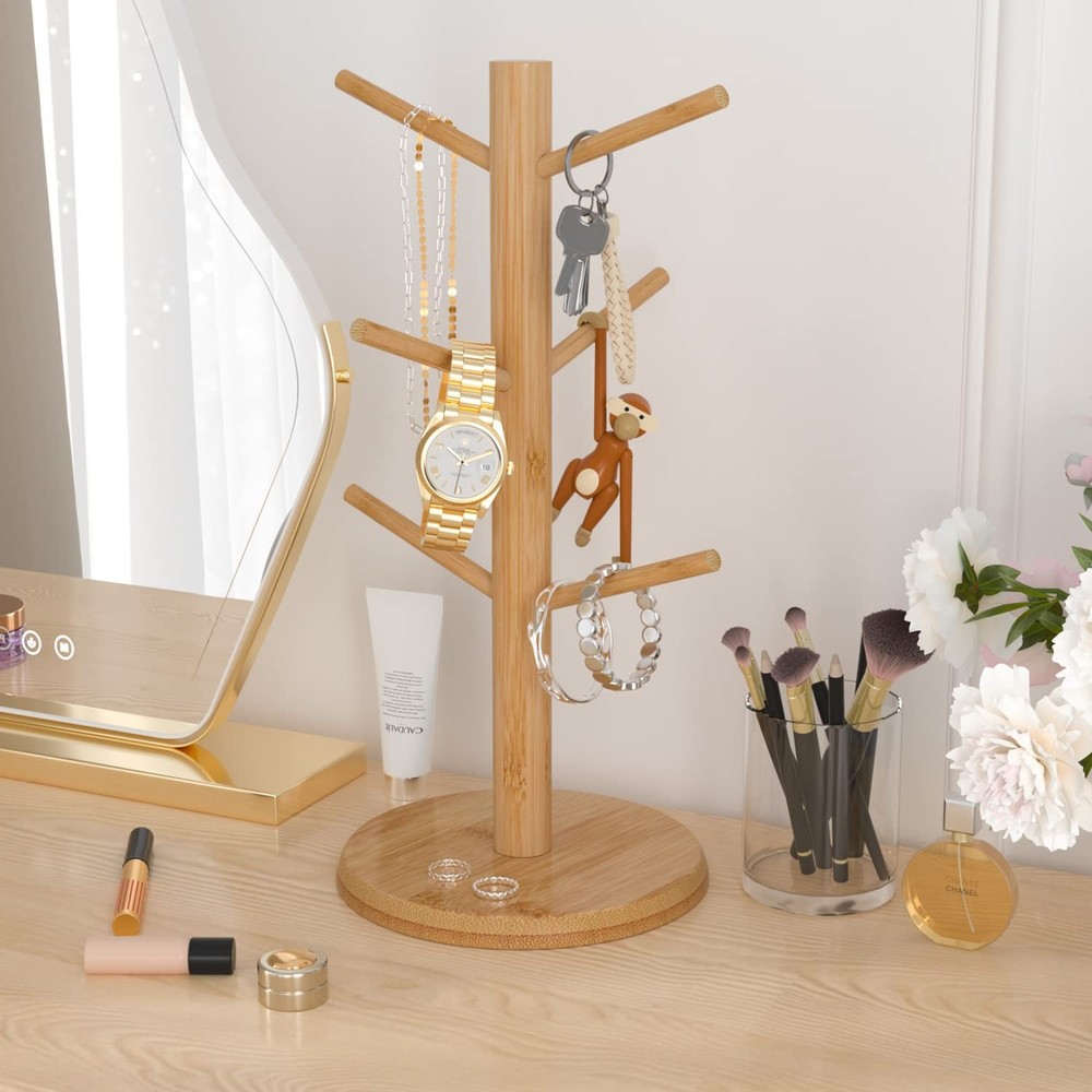 Bamboo Mug Tree with Thicker Base - Countertop Coffee Cup Stand with 6 Hooks