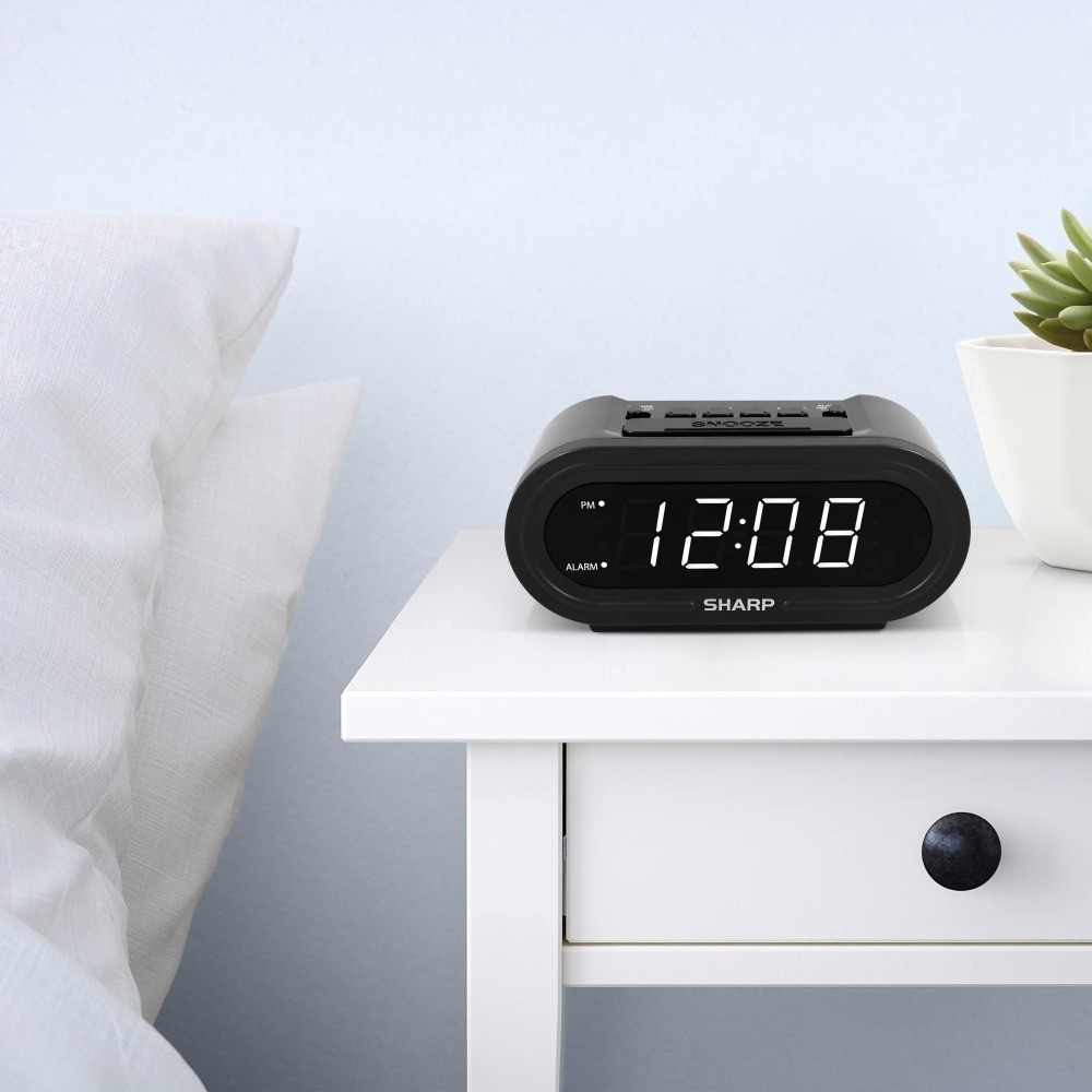 Digital Alarm Clock with Automatic Time Setting Black White LED Display