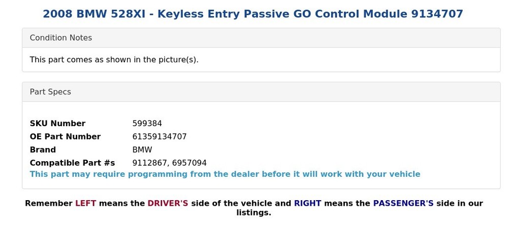 2008 BMW 528XI - Keyless Entry Passive GO Control Module 9134707