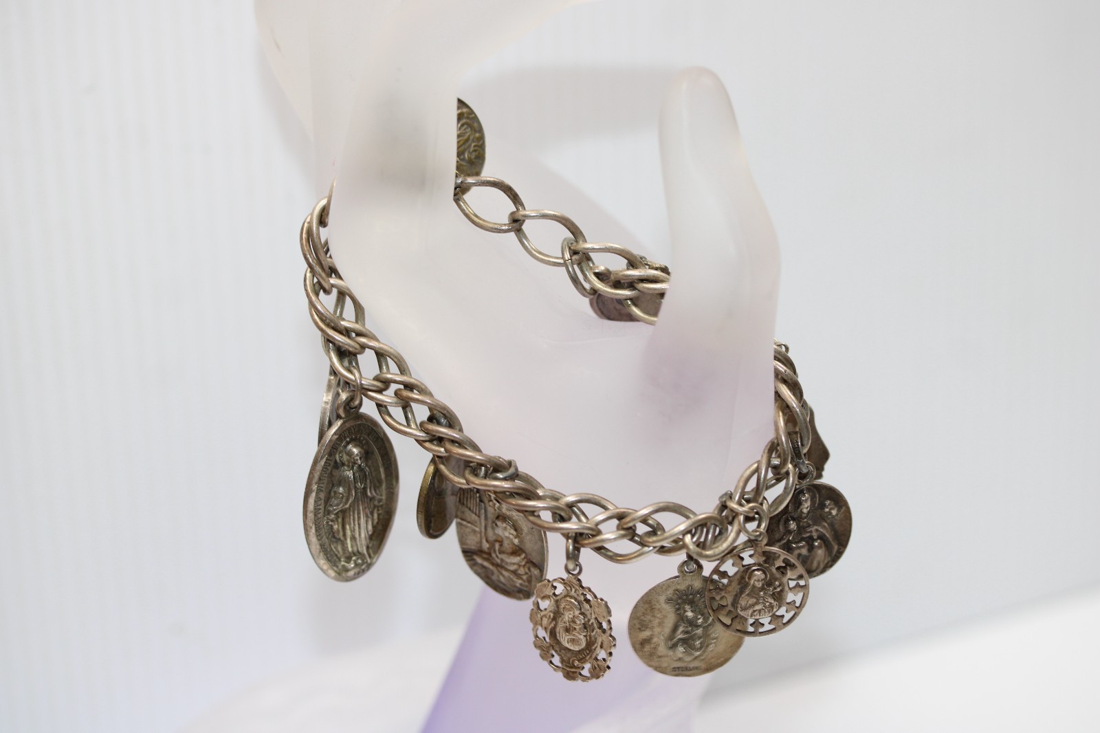 Vintage Sterling Silver Saint Charm Bracelet featuring 13 Medals 60g #450