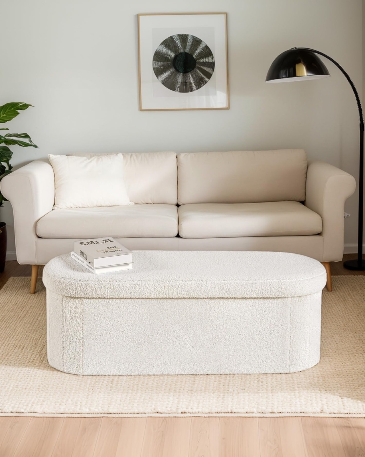 Storage Ottoman Bench, 43.3 Inches Oval Ottoman with Storage, Teddy Boucle Fo...