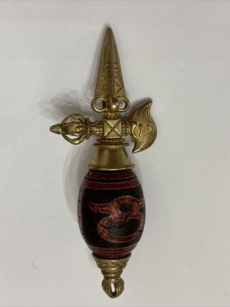 Tibetan Brass Ritual Implement Encased "Wealth god" Dzi Bead