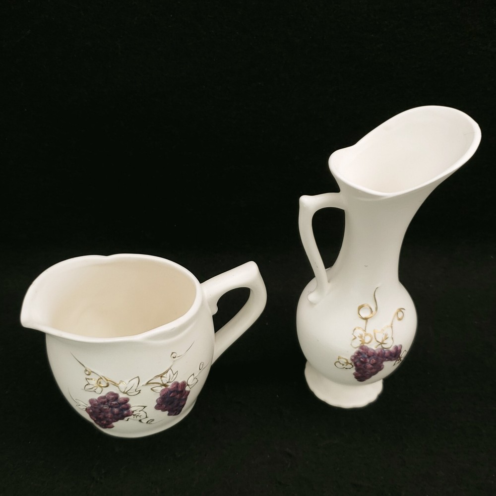 Vintage 2 Napco Bone White Ceramic Pitchers Grape Vine