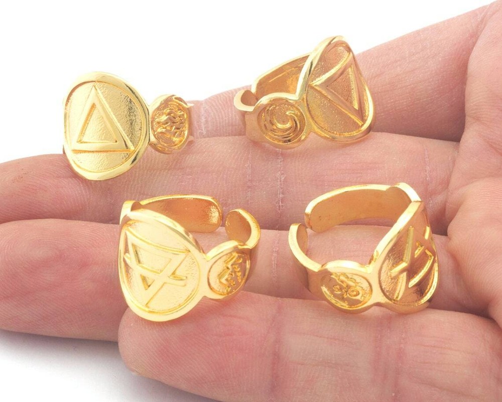 Four Elements Symbol Embossment Ring Adjustable Shiny Gold Brass (6-10US) 4667
