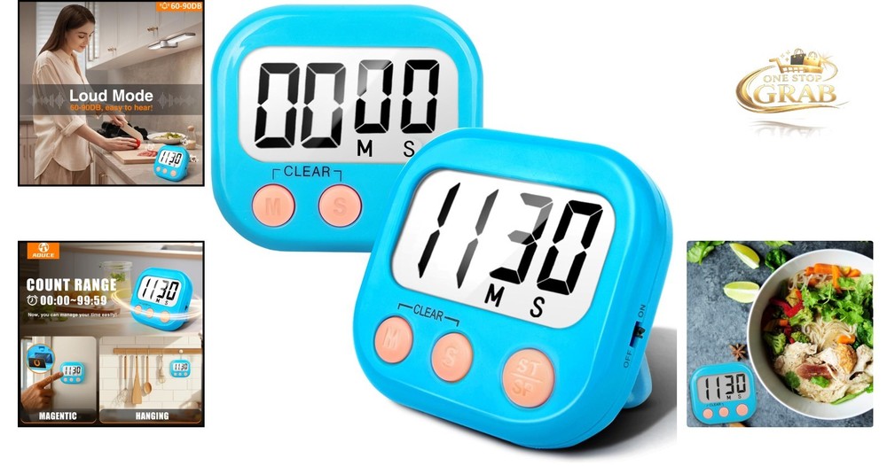 2 Pack Digital Kitchen Timers Loud Ring Magnetic Blue Set