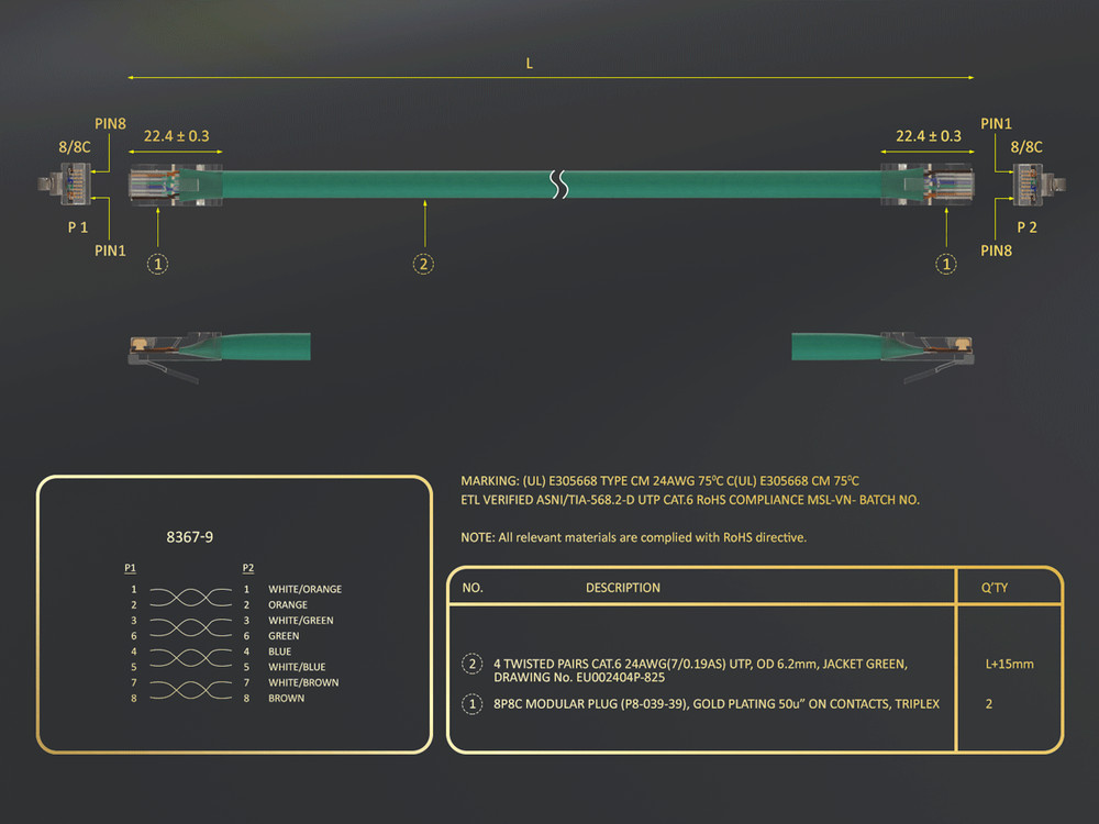 7ft Cat6 UTP Non-Booted Ethernet Network Patch Cable 24AWG Bare Copper, Green