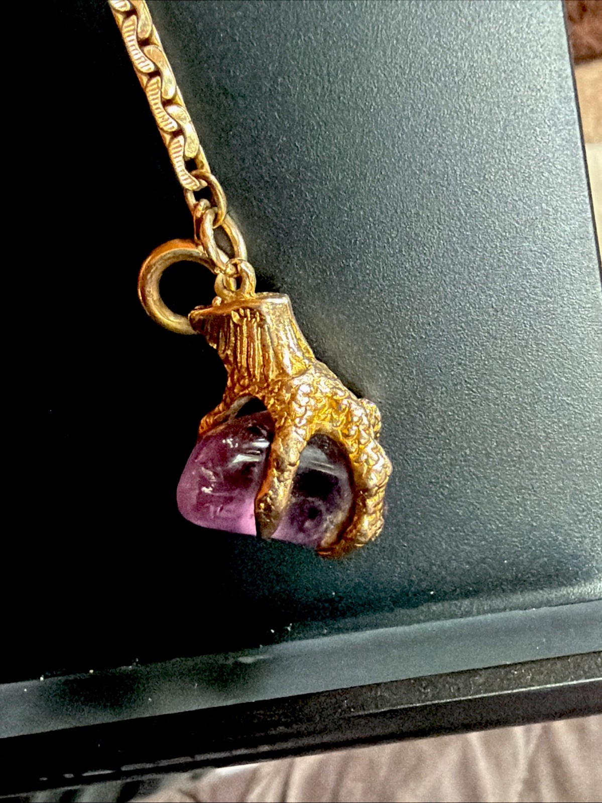 Vintage 9ct Solid Gold Amethyst Dragon Claw Fob Pendant SP Gold Filled 14” Chain