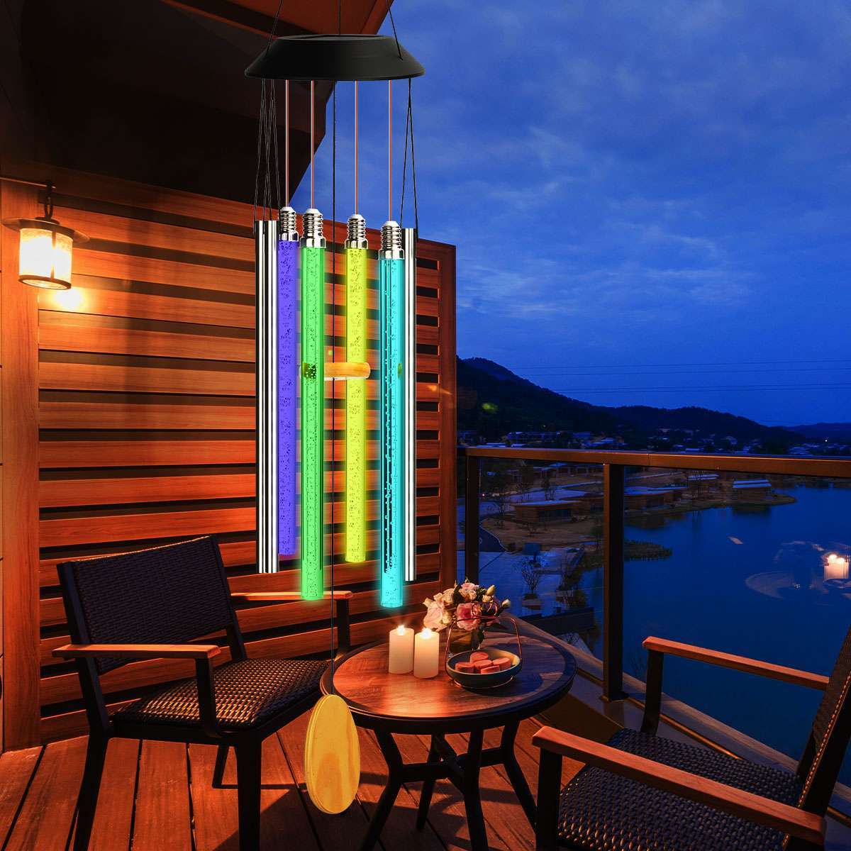 Color Changing Solar Wind Chimes LED Lights Large Deep Tone Resonant Bell Tubes