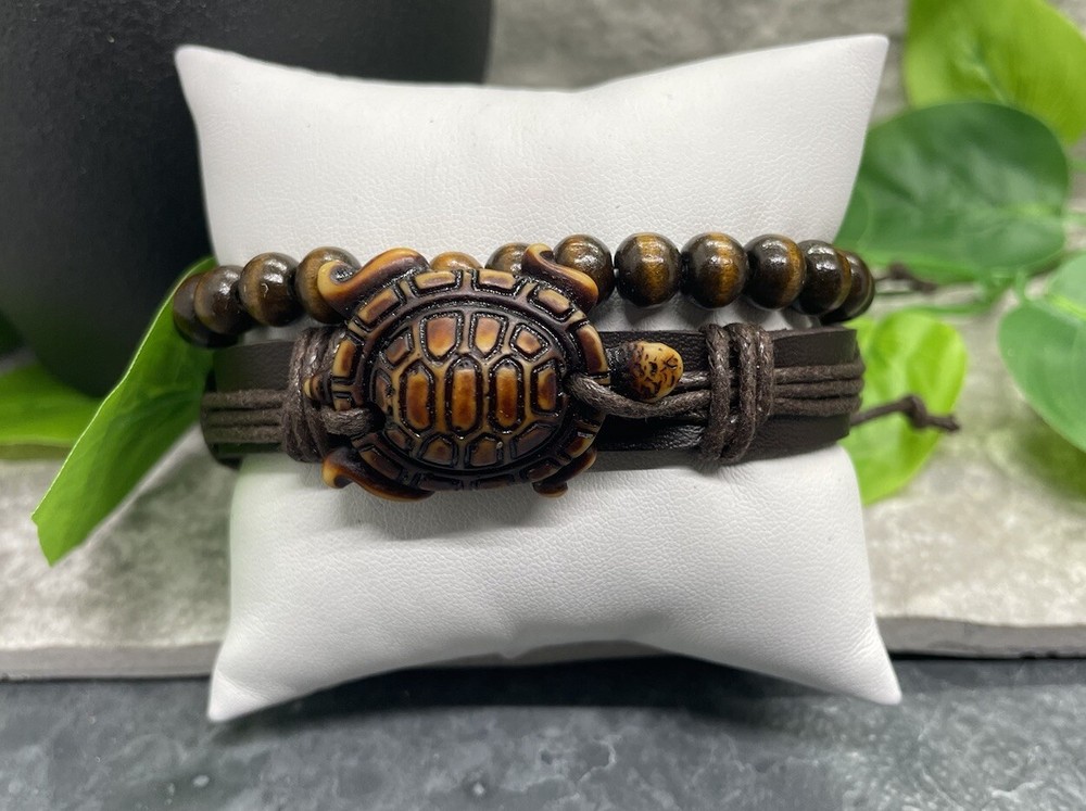 2 PC Leather Bracelet Wood Bead Stackable Adjustable Tie Free Ship B2898