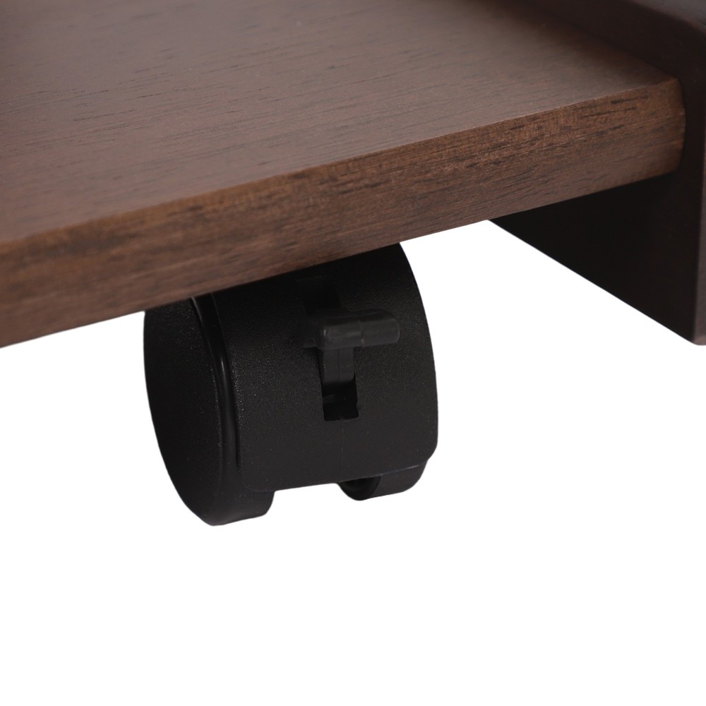 2-Tier Solid Wood C-Shaped Side Table with Drawer and Lockable Wheels