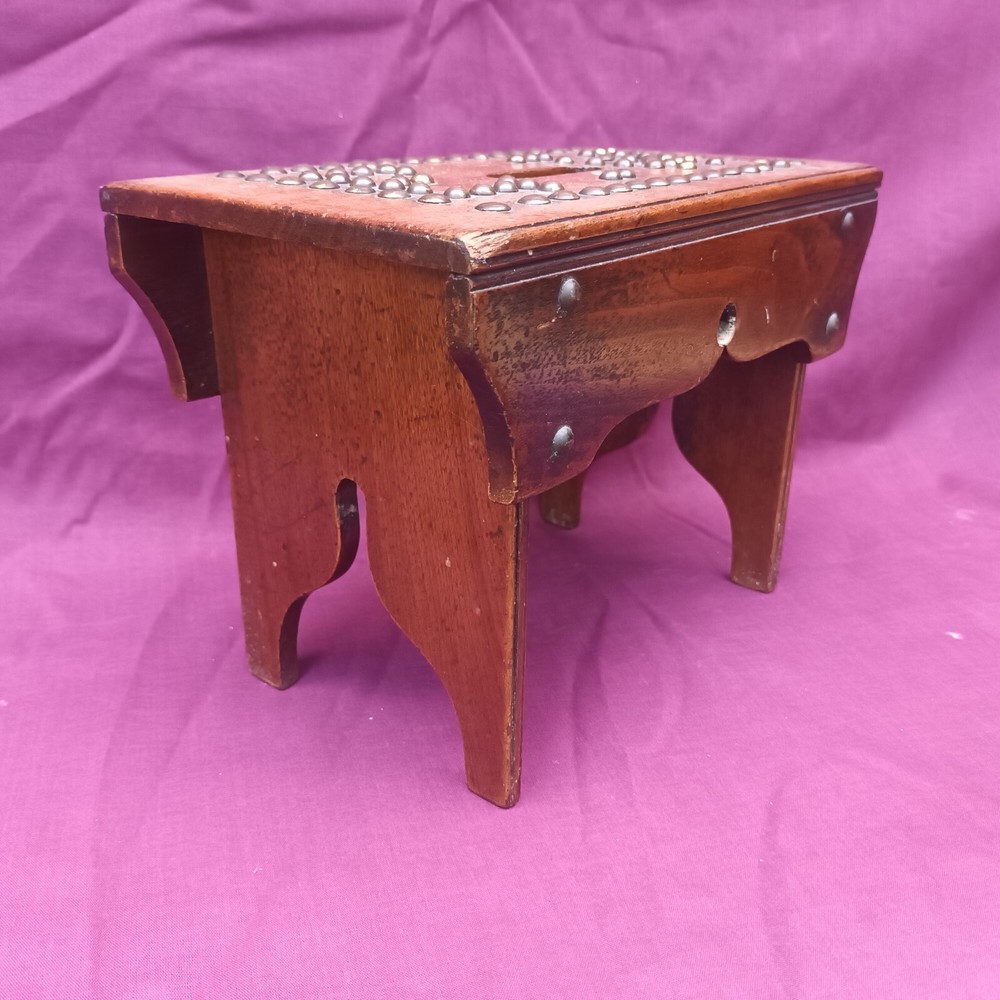 Small Antique Treen Studded Cracket style Stool marked 'E W'