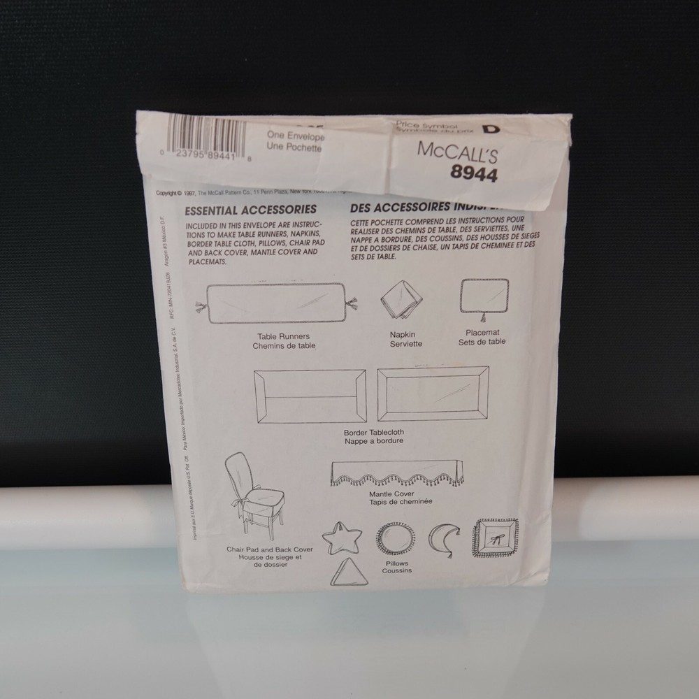 McCall's 8944 Sewing Pattern Home Decorating Dining Room Essential Accessories