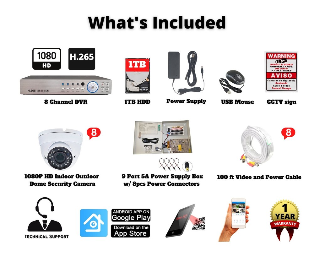 8 Channel Dome Security Camera System 1TB HDD Recording Playback Remote View