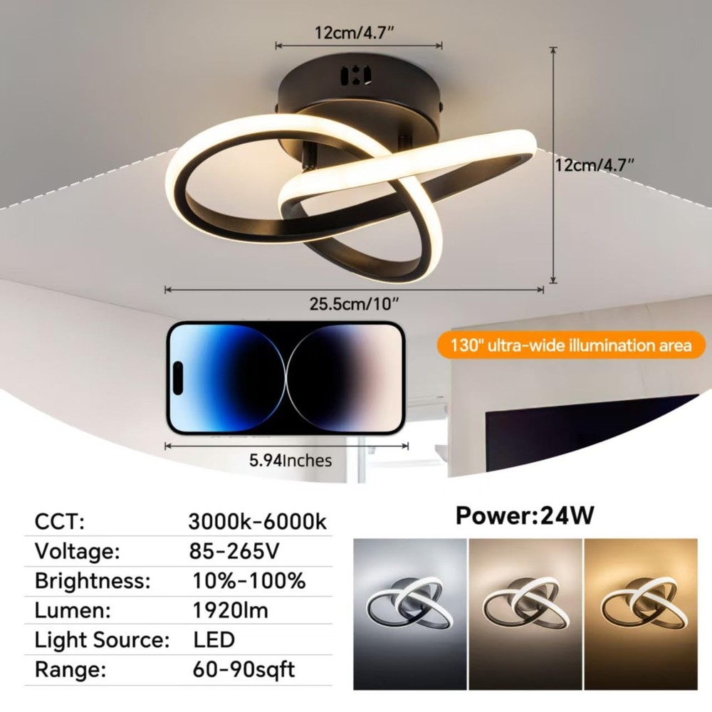 10 Inch Modern Ceiling Light, 24W LED Dimmable Ceiling Light with Remote Cont...