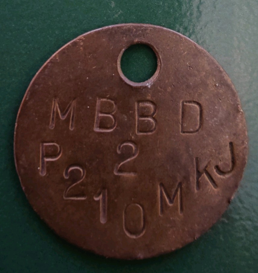 Mining Colliery Pit Check Tally Token marked MBBD 2 P210 MKJ