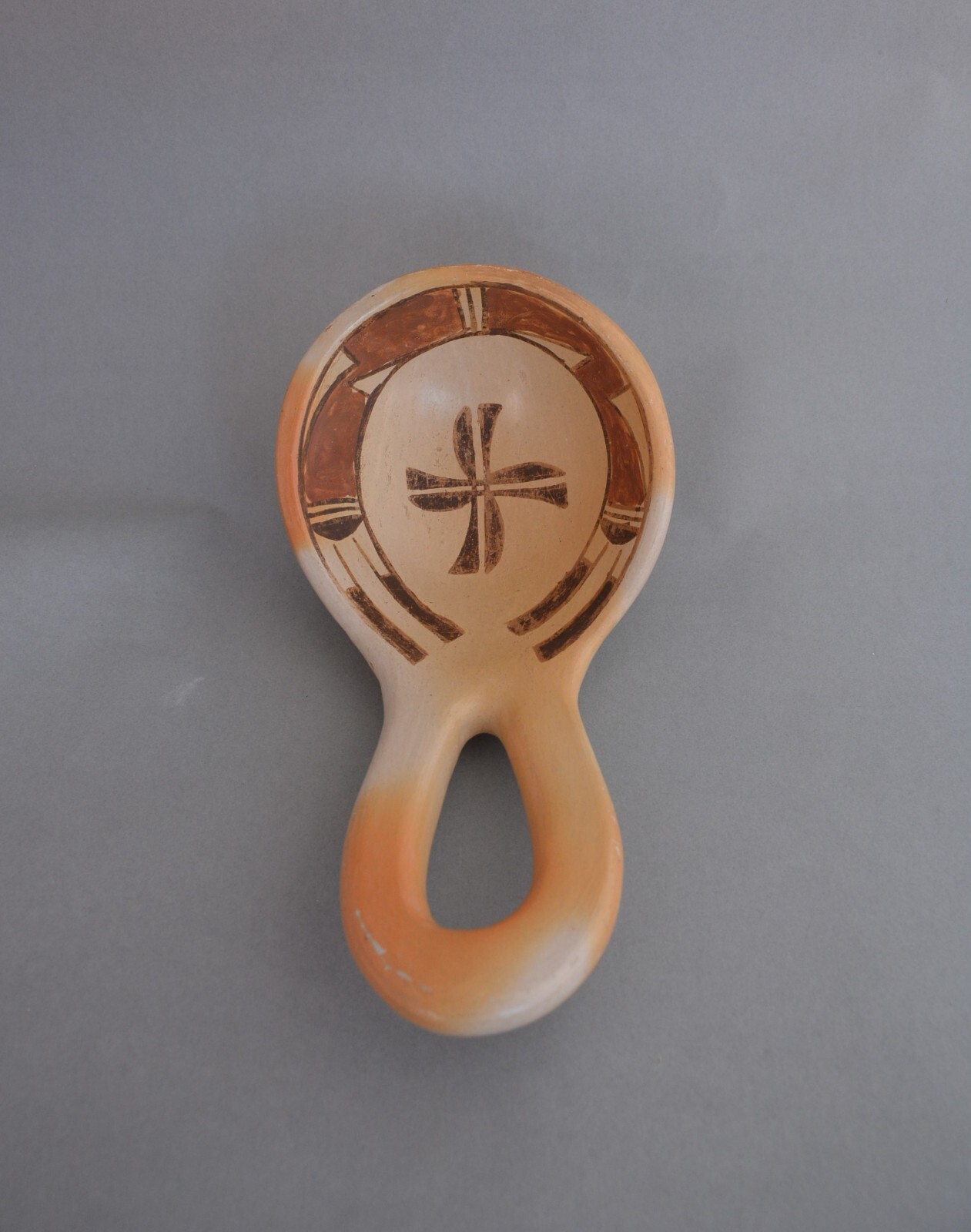 Large Old Hopi Indian Pottery Ladle - Polychrome - Cross Design - 10"