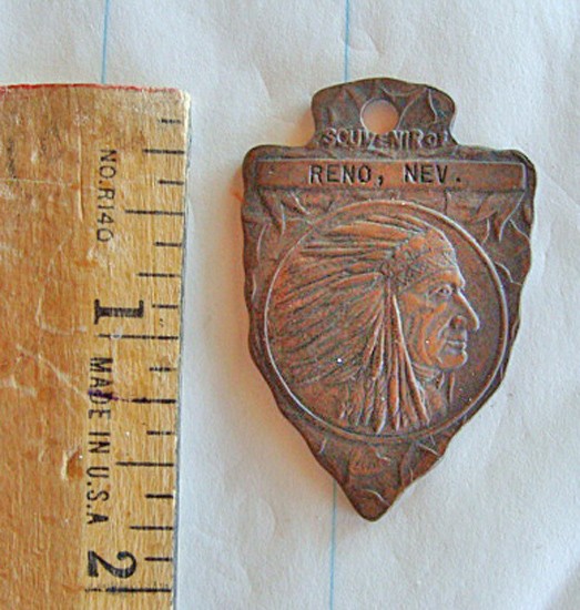 SOUVENIR FOB INDIAN ARROWHEAD ... RENO NEVADA 1920s