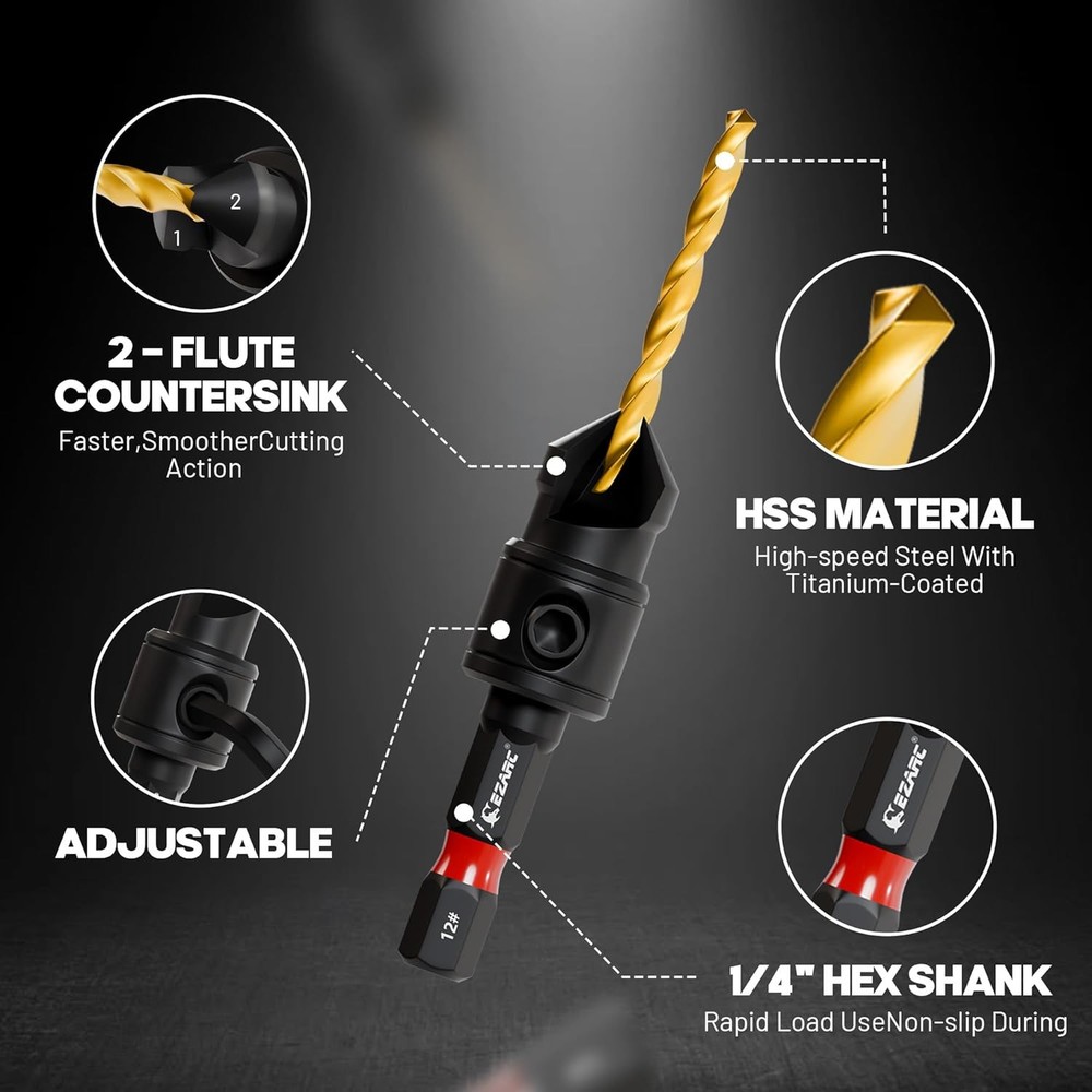 EZARC Countersink Drill Bit Set, 12 PCS Counter Sink Adjustable,...