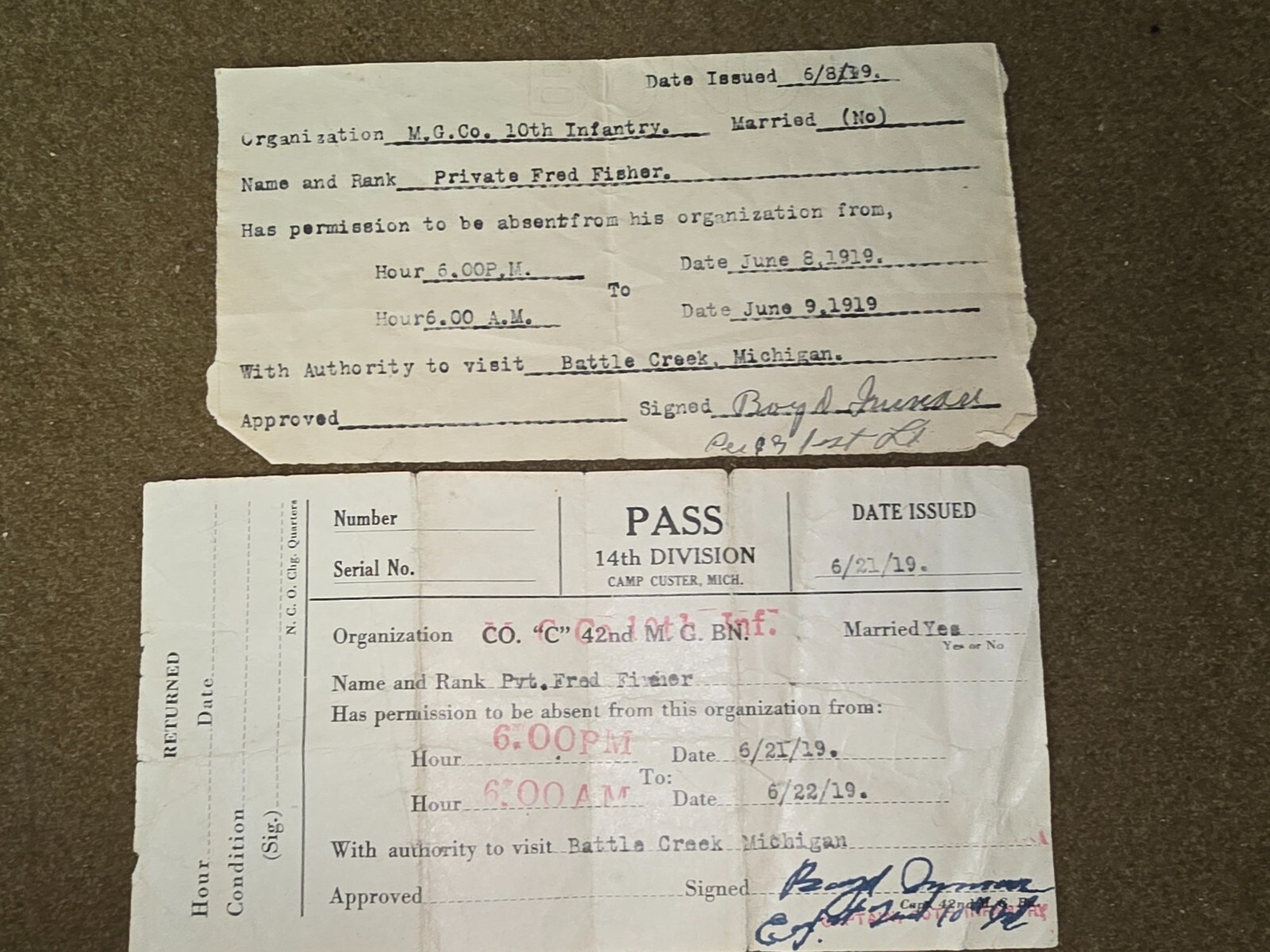 WWI US Army Passes named to Private Fred Fisher Dated 1919