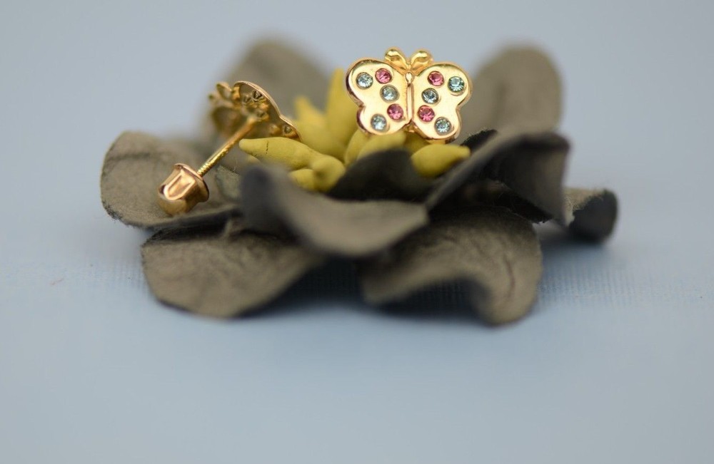 14K Solid Yellow Gold Butterfly Stud Earring with CZ