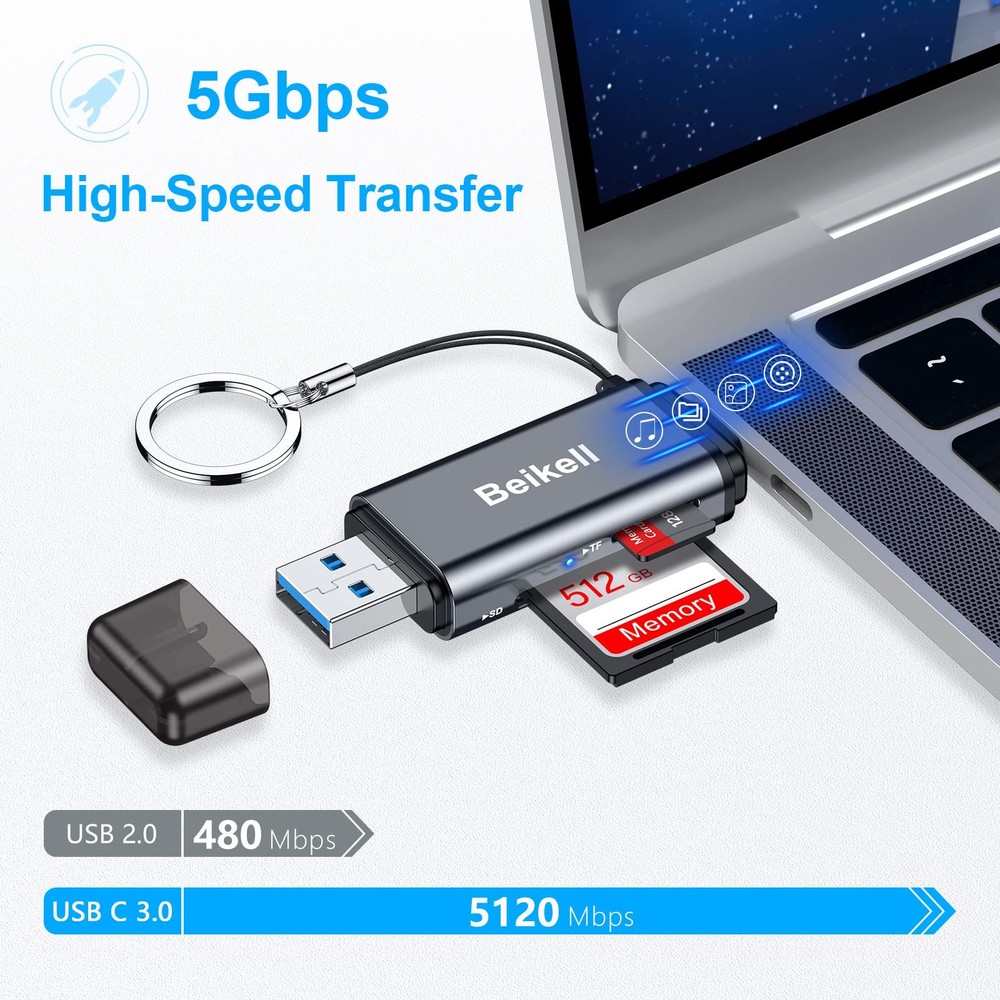 Dual USB 3.0 and USB-C Memory Card Reader - Supports SD, Micro SD, SDXC, SDHC...
