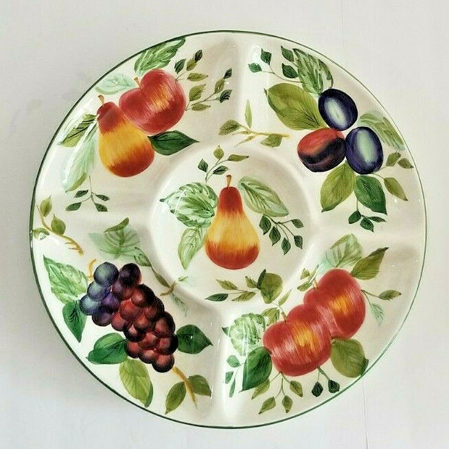 Sakura Sonoma Chip & Dip 15" Round Ceramic 5 Divided Sections Fruit Design
