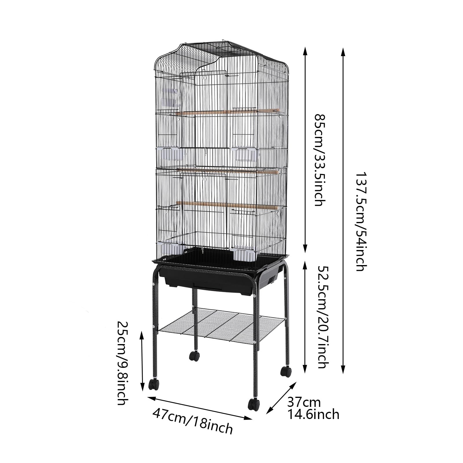 54 Inch Bird Cage with 4 Feeding Bowls and Waterer Iron Cage