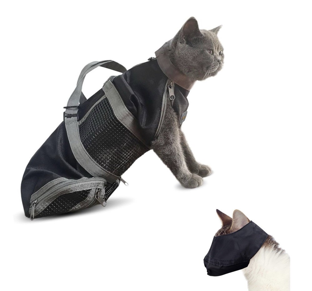 Durable Cat Grooming Bag & Muzzle* NO Scratching-Biting*Black Medium*