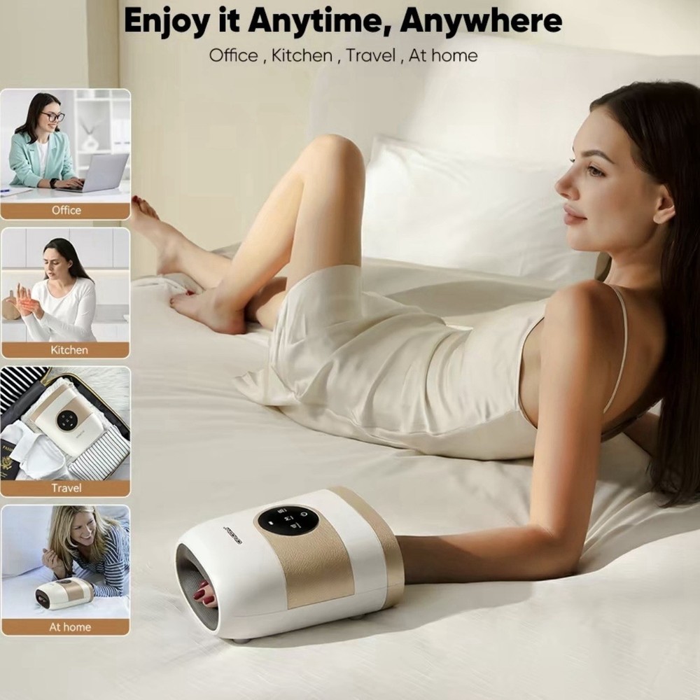 White Gold Hand Massager, Rechargeable Finger Soother Adjustable Settings