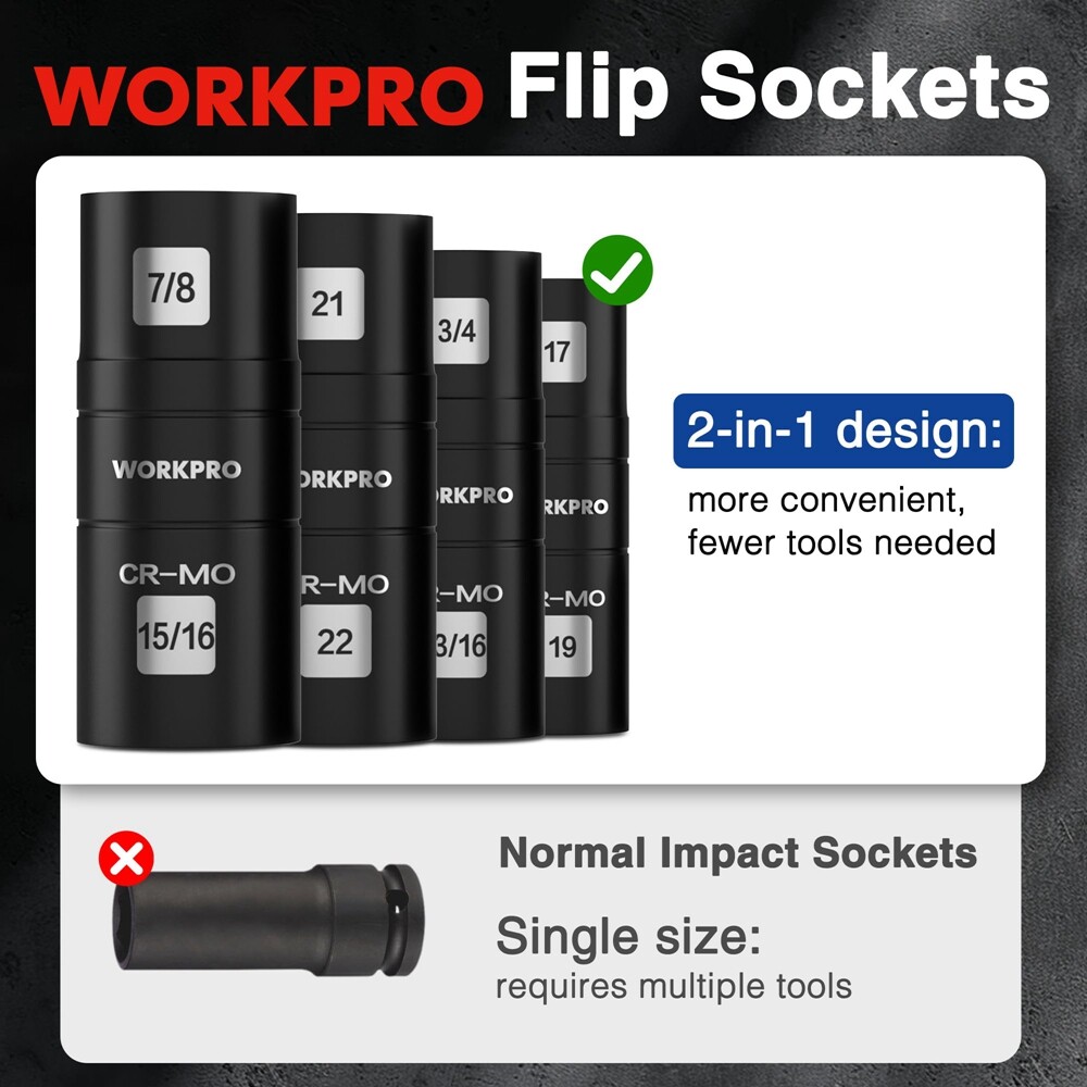 WORKPRO 5PC 1/2" Dr Impact Socket Set Lug Nut Wheel 3" Extension Bar Flip Socket