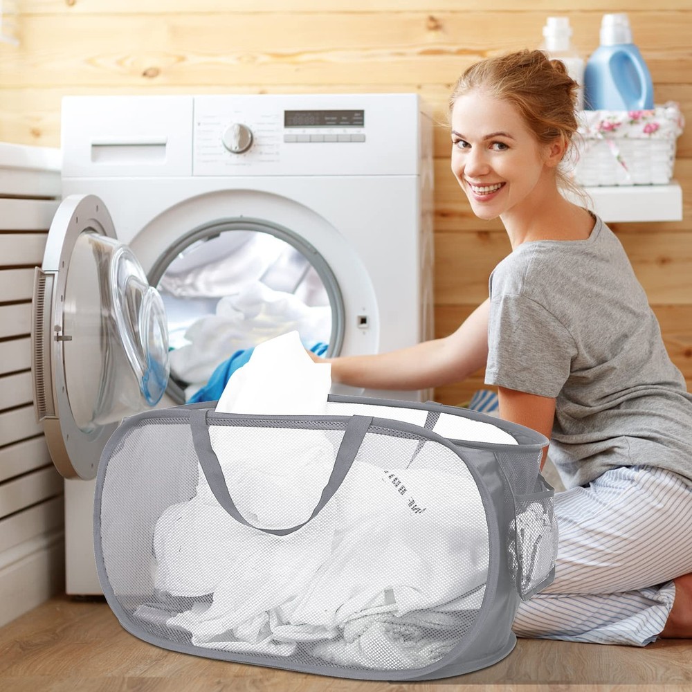 Durable Collapsible Laundry Baskets, Mesh Pop Up Laundry Hamper with Side Poc...