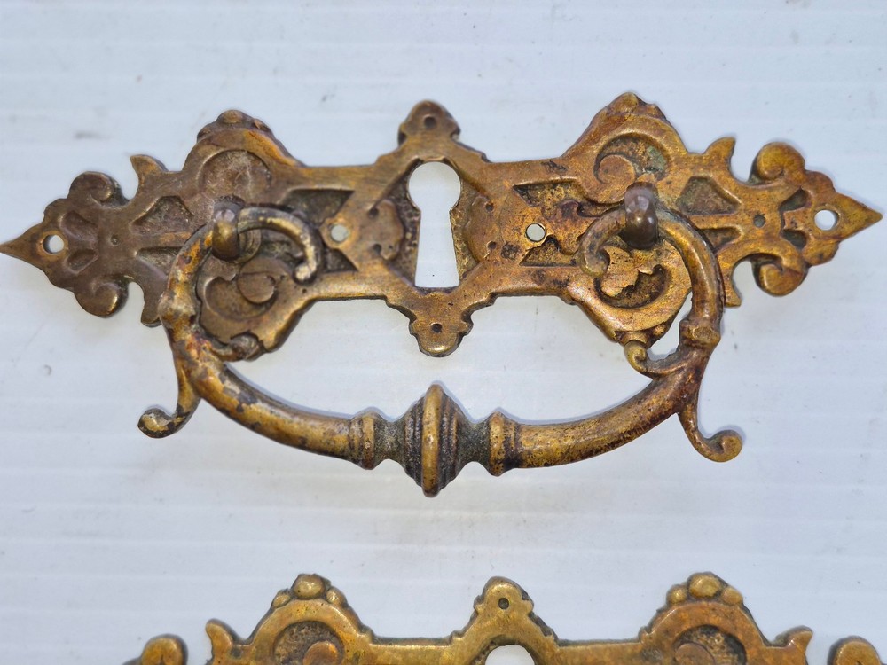 Pair Solid Cast Brass Antique Drawer Pulls Bail Handle Ornate Aesthetic Movement