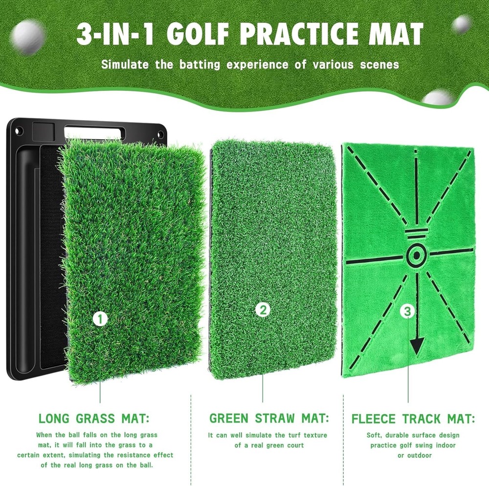 Golf Hitting Mat, 3-in-1 Golf Practice Mat, Replaceable Turf Golf Training Ma...