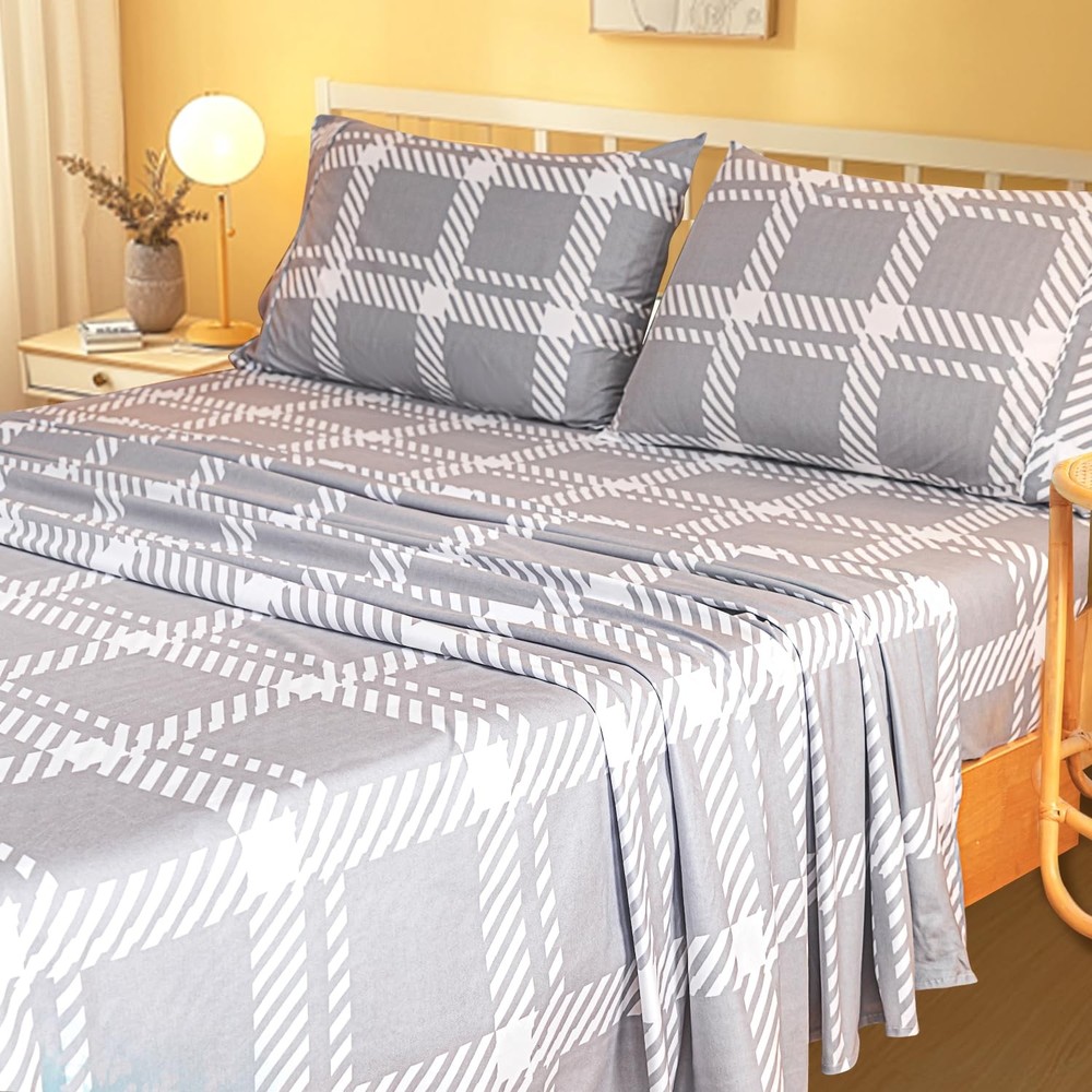 Microfiber Flannel Sheet Set -Luxury Printed 4 Piece Bedding Collection-Deep ...
