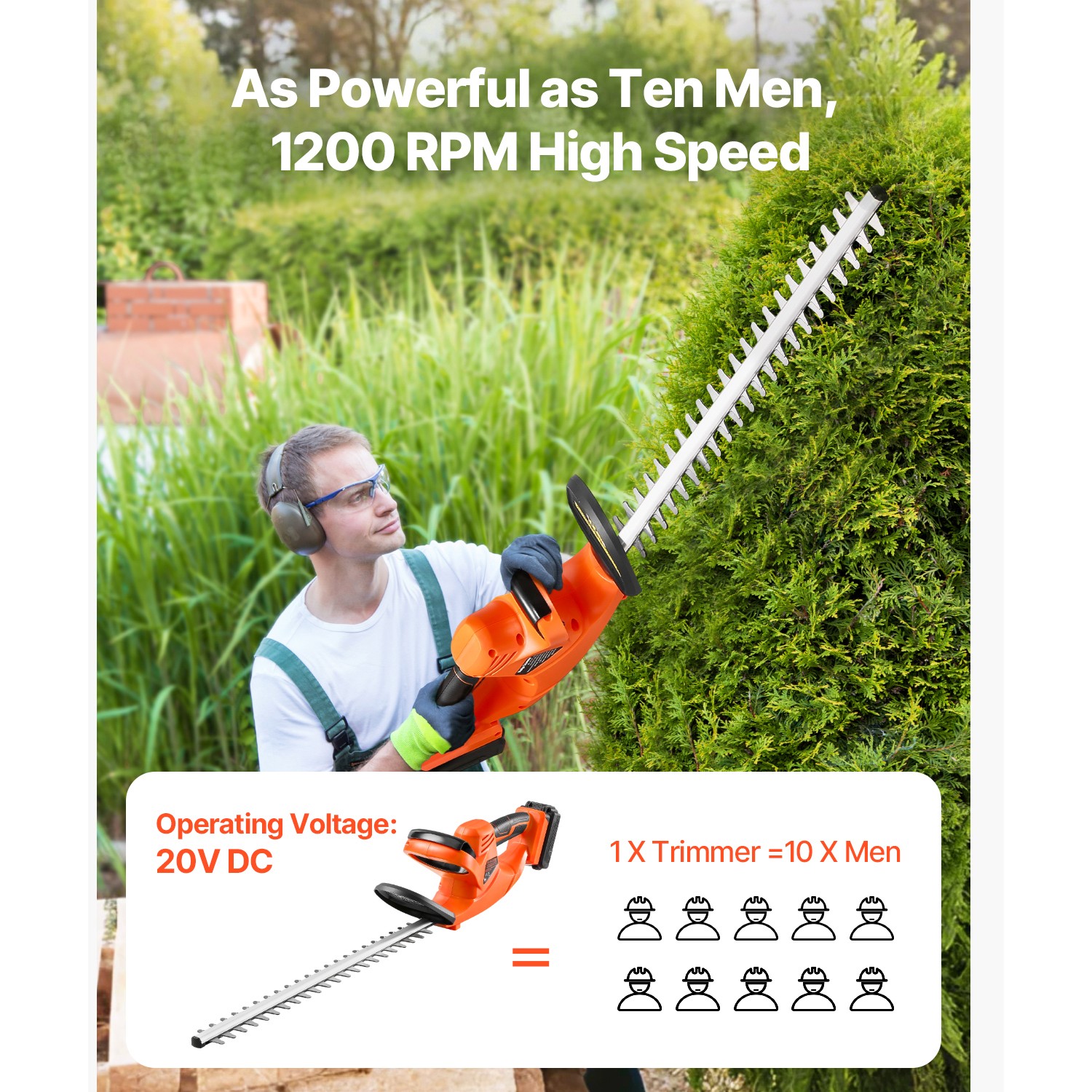 Cordless Electric Hedge Trimmer 20V Battery 20in Dual-Action Blade Bush Cutter