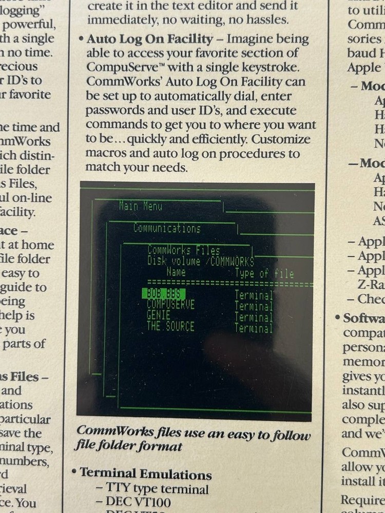 COMMWORKS PBI software Apple II Macintosh. Tlecommunications Solution 1986 year