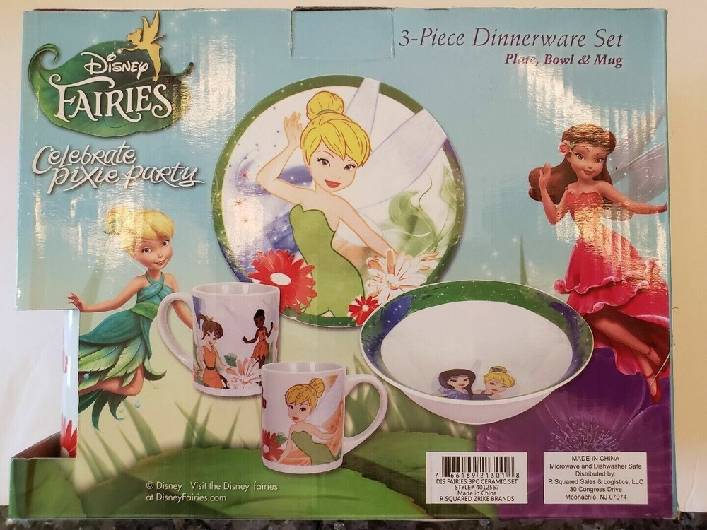 Disney Pixie Fairies Tinkerbell Ceramic 3 Piece Dinnerware Set- New - Free Ship