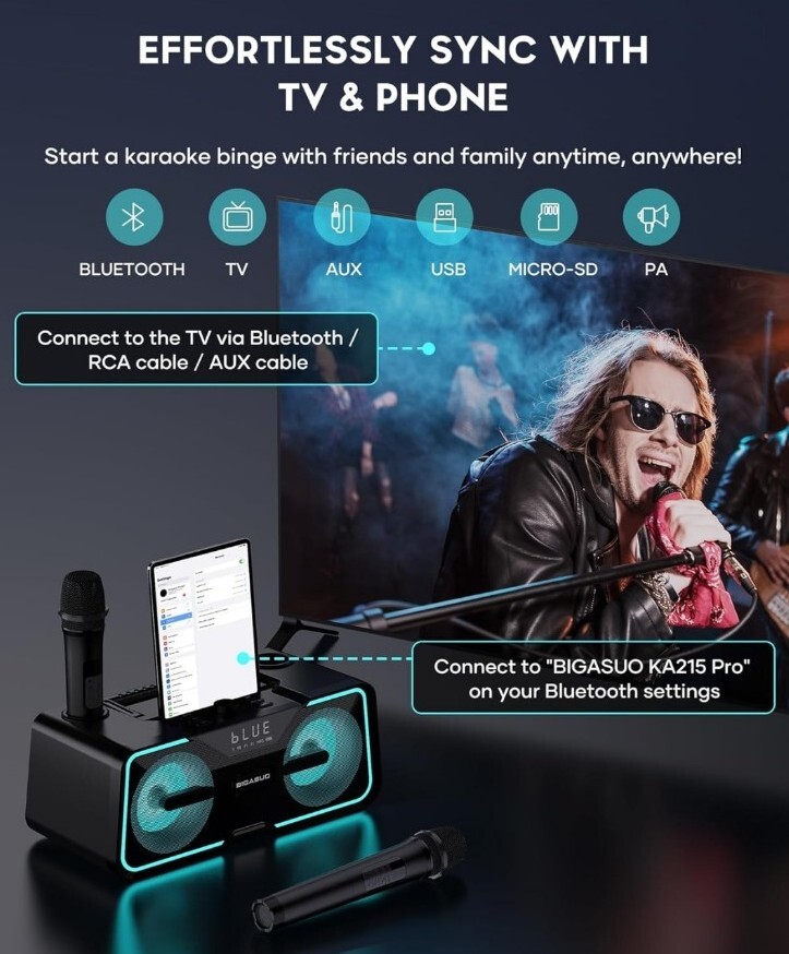 Portable Bluetooth Karaoke Machine with LED Lights & 2 UHF Wireless Microphones*